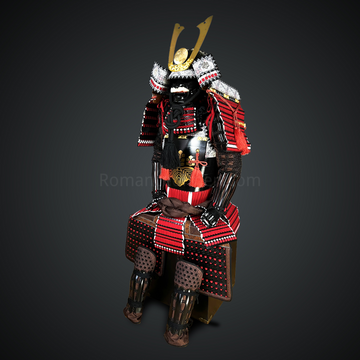 Black & Red Samurai armor Oyoroi style Kamon Maedate Black armor color with Kamon on Chest mixed with Red cords